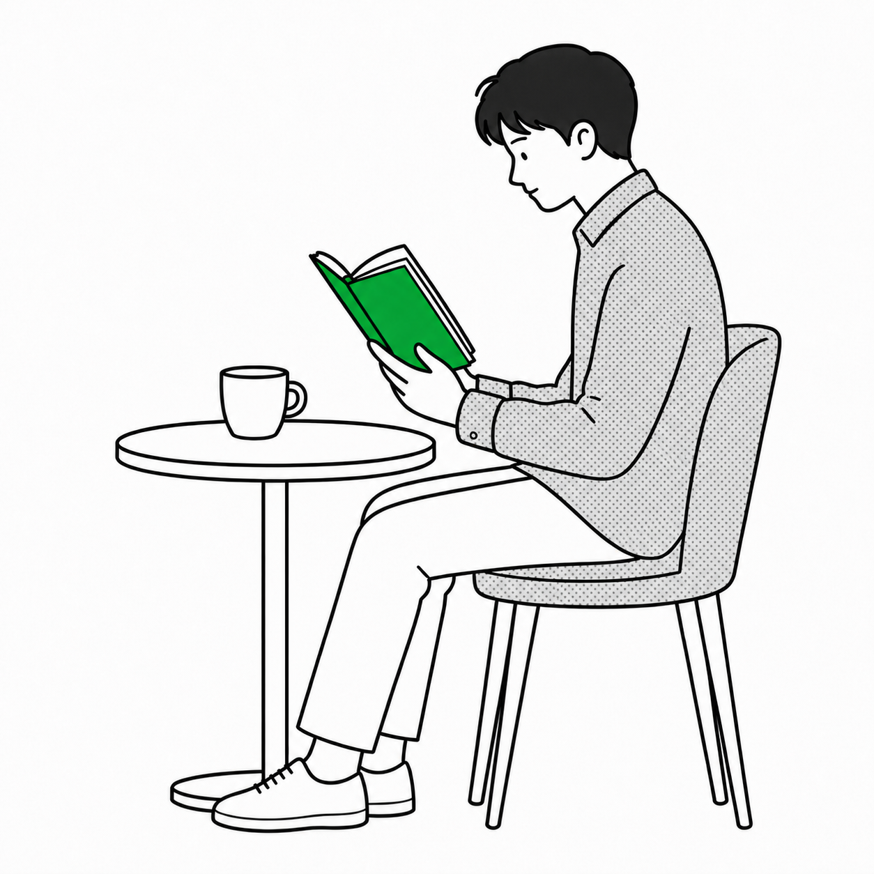 本とカップだけを置いた机で、ひとりで本を読む人のイラスト